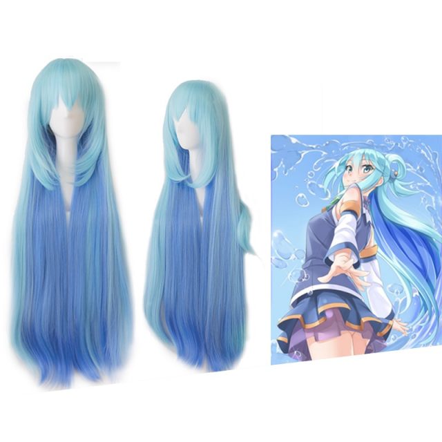 KonoSuba Aqua Cosplay Long Straight Blue Synthetic Hair Wig