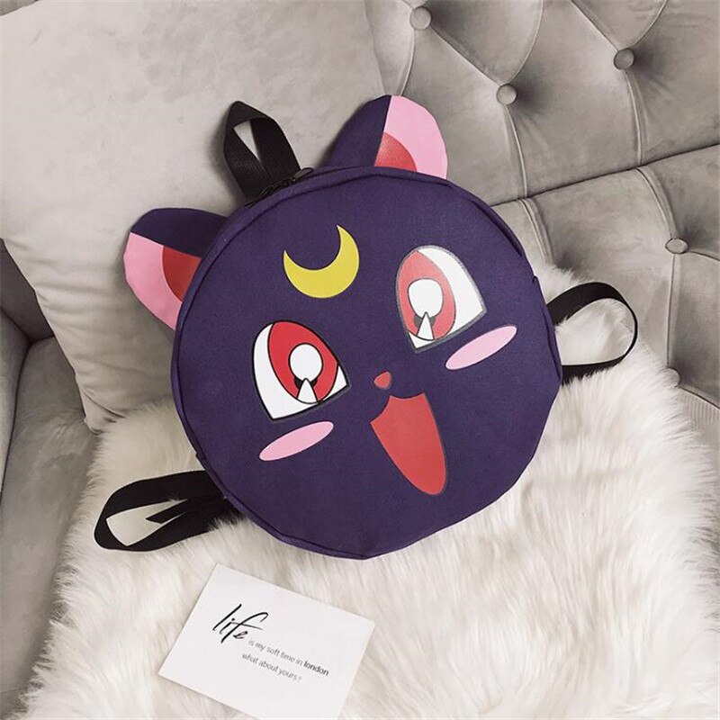 Anime-Sailor-Moon-Cartoon-Backpack-Lady-Girl-Cute-Cat-White-Purple-Roundness-Canvas-Backpack